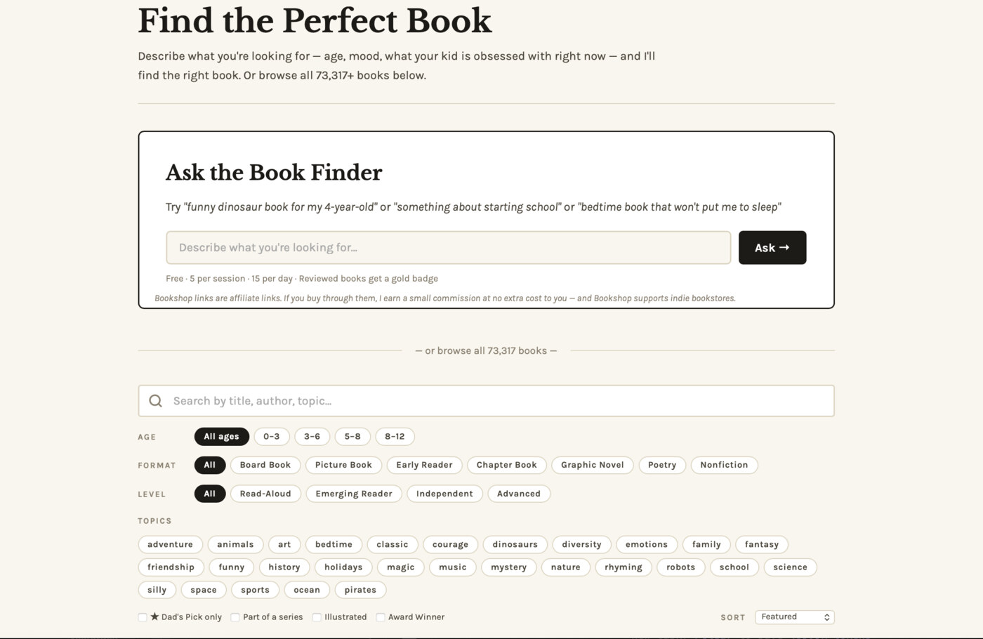 The Book Finder page on bookishdad.com, with the Ask the Book Finder box above age, format and topic filters