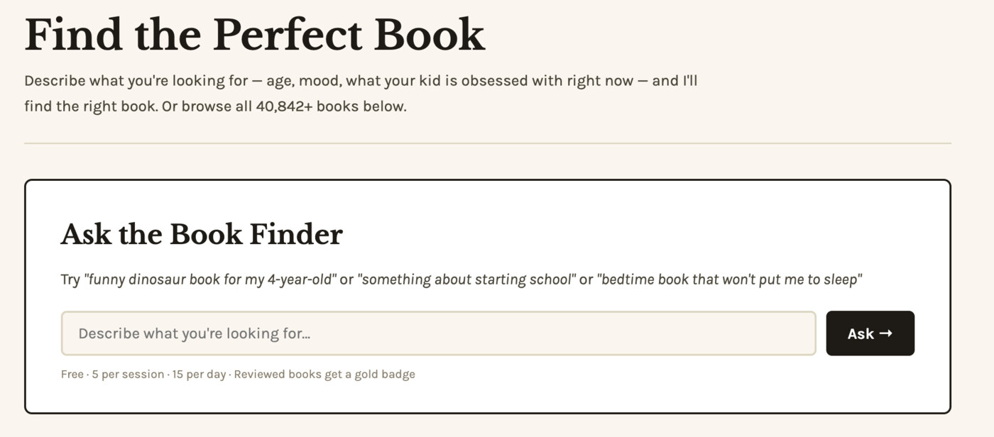 Screenshot of the Book Finder tool on bookishdad.com showing the AI chat box and the catalog browser below it.