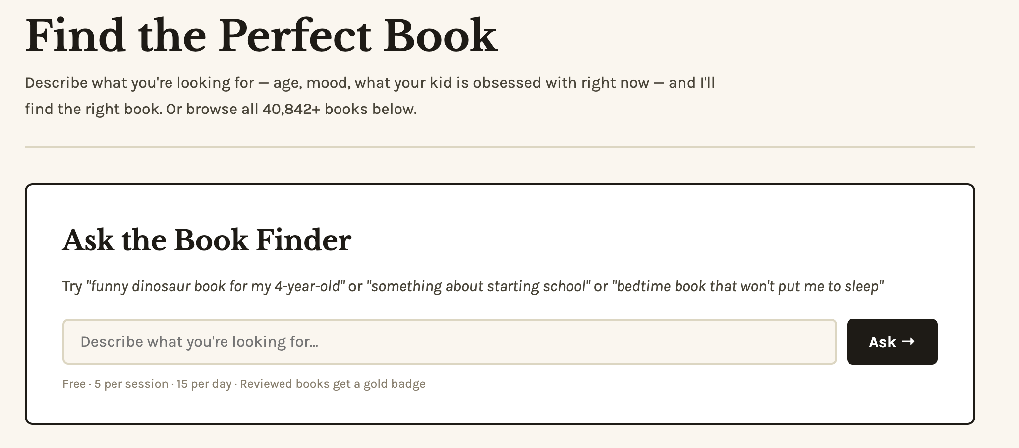 Screenshot of the Book Finder tool on bookishdad.com showing the AI chat box and the catalog browser below it.
